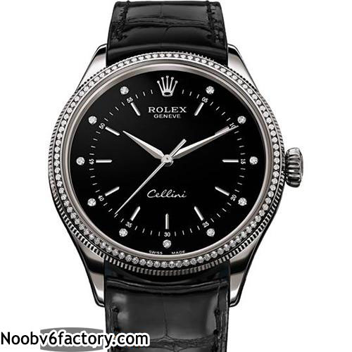 勞力士Rolex cellini 切利尼 50609RBR 鑲鑽 實心316L不鏽鋼 電鍍18K玫瑰金 藍寶石水晶玻璃 黑色牛皮錶帶-rhid-118320